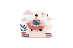 Woman reading book on armchair in cozy room flat minimal sty Product Image 1