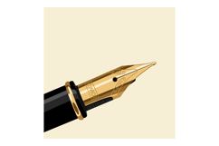 Close-up detailed gold fountain pen nib with black barrel in Product Image 1
