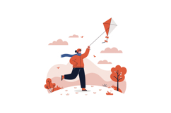 Young person flying a red and white kite outdoors in autumn Product Image 1