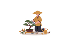 Person trimming bonsai tree with scissors wearing traditiona Product Image 1
