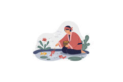 Woman feeding colorful koi fish in peaceful pond with lotus Product Image 1