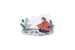 Woman feeding colorful koi fish in pond surrounded by plants Product Image 1