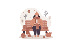 Woman knitting winter scarf on park bench in cozy warm cloth Product Image 1