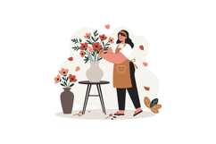 Woman arranging pink flowers in vases with apron standing ne Product Image 1