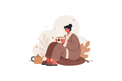 Woman in cozy bathrobe enjoying hot tea sitting on cushion w Product Image 1
