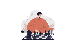 Young man playing strategic chess game in oversized sweater Product Image 1