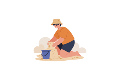 Young boy building sandcastle on beach wearing hat and sungl Product Image 1