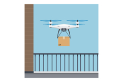 White delivery drone carrying cardboard package over balcony Product Image 1