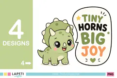 Green baby triceratops with Tiny Horns Big Joy typography