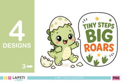 Baby dinosaur taking its first steps beside the phrase Tiny Steps Big Roars