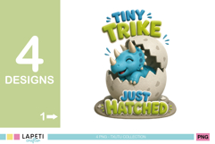 Tiny Trike Just Hatched design with a cheerful blue triceratops inside a cracked egg