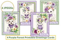 4 Purple Forest Printable Greetings Cards. Print and cut Product Image 1