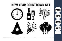 New Year countdown celebration icons with clock Product Image 1