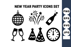 New Year party icons with champagne bottle clock Product Image 1