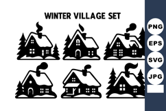 Winter village with snowy houses and pine trees in black Product Image 1