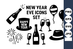 New Year Eve celebration icons with champagne, hats Product Image 1