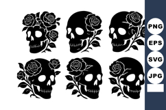 Skull silhouette with rose flower decoration in black and wh Product Image 1