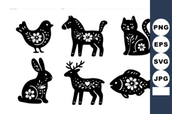 Folk art style black animal silhouettes with floral patterns Product Image 1