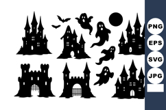 Haunted castle silhouettes with flying bats and ghost figure Product Image 1