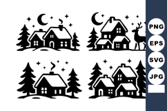 Winter night cozy cabin village with pine trees crescent moo Product Image 1