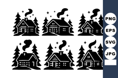 Cabin silhouettes with smoke and pine trees vector icons for Product Image 1