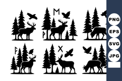 Deer silhouettes among pine trees with flying birds and anci Product Image 1