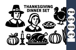Thanksgiving dinner with pilgrim man woman turkey pumpki Product Image 1