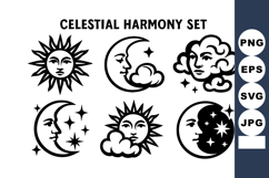 Celestial harmony with sun moon stars and clouds in vint Product Image 1