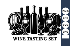 Wine tasting with bottles glasses grapes and barrels cla Product Image 1