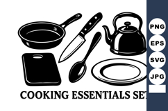 Cooking essentials with frying pan knife spoon kettle pl Product Image 1