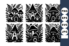 Black silhouette mushroom houses with foliage fantasy forest Product Image 1