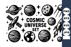 Cosmic universe with rockets planets stars and satellite Product Image 1