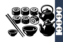 Sushi rolls with teapots and bowls traditional Japanese food Product Image 1