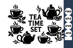 Tea time with teapots, teacups, lemon slice, and steam d Product Image 1