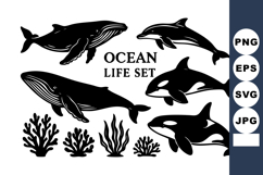 Ocean life with whales dolphins orcas and coral silhouet Product Image 1