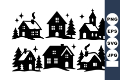 Black silhouette village houses with pine trees and chimney Product Image 1