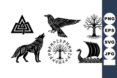 Viking style symbols with wolf raven tree runes and longship Product Image 1