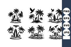 Tropical island silhouette with palm trees birds surfboa Product Image 1