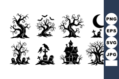 Halloween spooky haunted trees creepy graveyard moon bats an Product Image 1