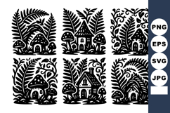 Black and white vector forest houses with mushrooms and fern Product Image 1