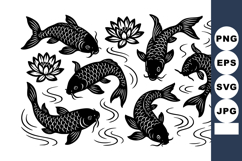 Koi fish swimming among water lilies with decorative waves i Product Image 1