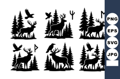 Deer silhouettes with forest trees and birds in nature wildl Product Image 1