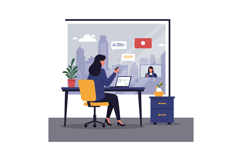 A woman engaged in a video call at her modern office desk in Product Image 1