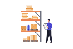 Warehouse worker inspecting shelves filled with boxes and fi Product Image 1
