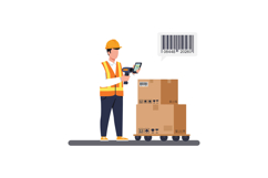 Warehouse worker in safety gear scanning barcodes on stacked Product Image 1