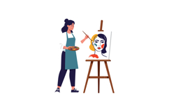 A young woman artist in an apron painting a colorful portrai Product Image 1
