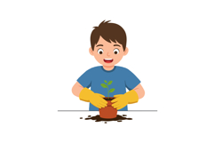 A cheerful boy planting a small green seedling in a brown po Product Image 1