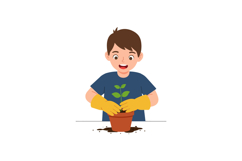 A cheerful boy planting a small green seedling in a brown po Product Image 1