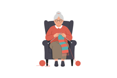 An elderly woman knitting a colorful scarf while seated comf Product Image 1