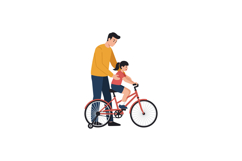 A father helping his daughter learn to ride a bicycle in a f Product Image 1